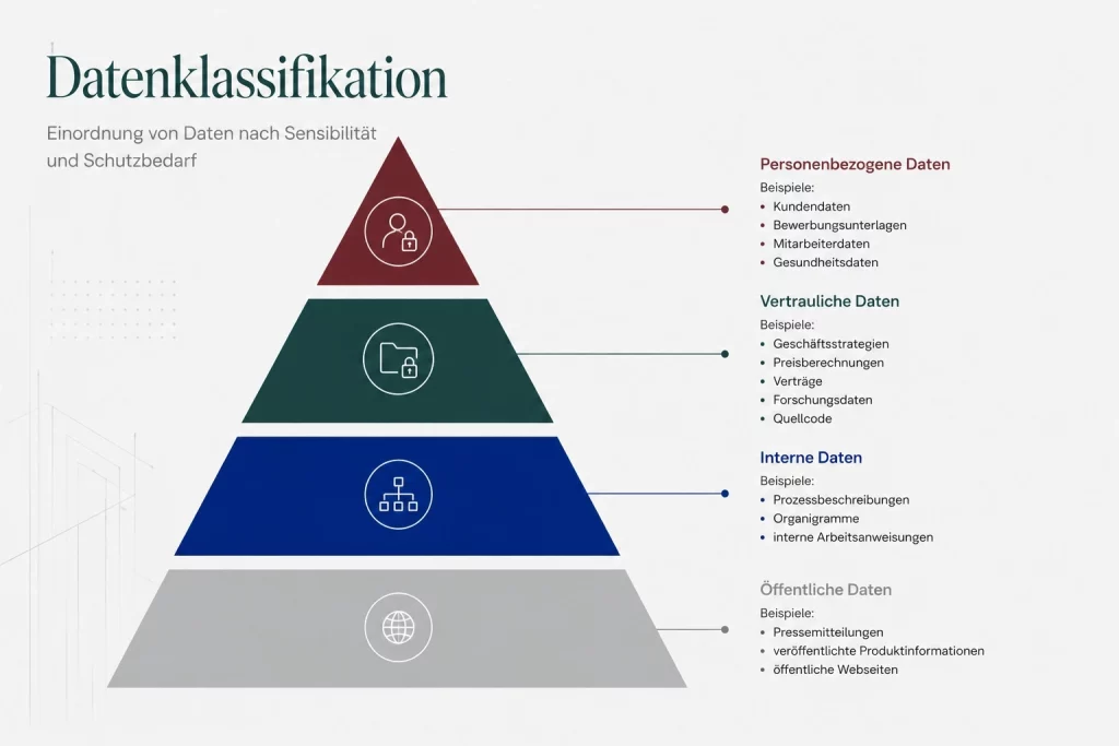 Pyramidenmodell zur Datenklassifikation im Unternehmen mit den Schutzstufen öffentliche Daten, interne Daten, vertrauliche Daten und personenbezogene Daten. Die Sensibilität und der Schutzbedarf der Daten nehmen von unten nach oben zu.